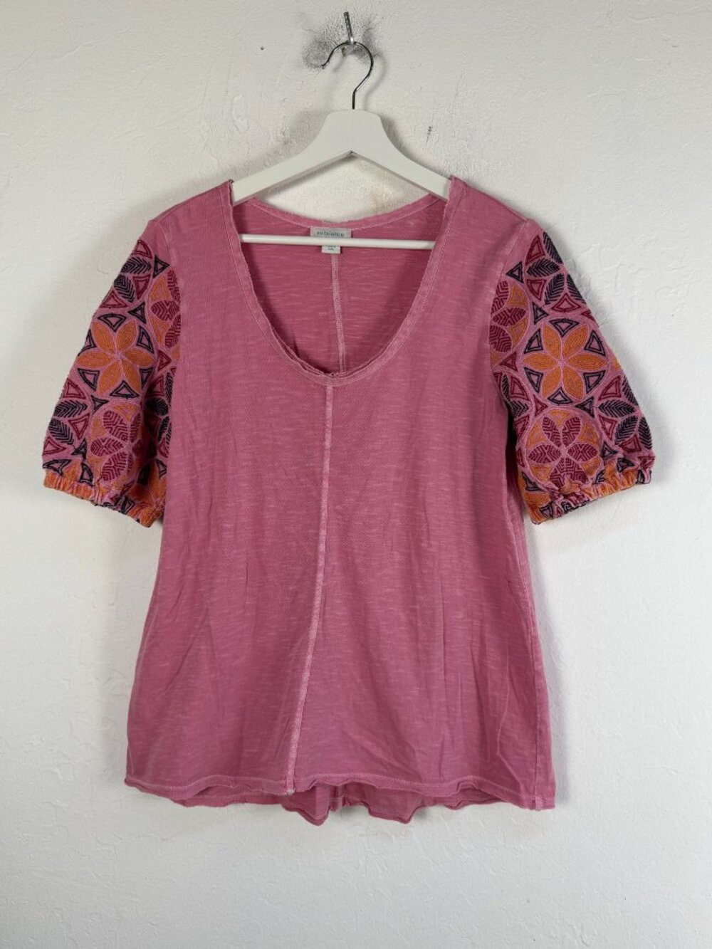 Sundance Womens Embroidered Puff Sleeve Heather Pink Slub Knit Top Small NWOT